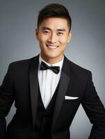 Smiling young man of Asian descent dressed in suit on gray background AI Generative photo