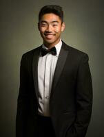 Smiling young man of Asian descent dressed in suit on gray background AI Generative photo