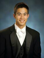 Smiling young man of Asian descent dressed in suit on gray background AI Generative photo