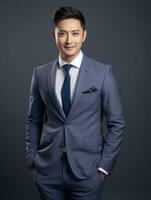 Smiling young man of Asian descent dressed in suit on gray background AI Generative photo