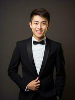 Smiling young man of Asian descent dressed in suit on gray background AI Generative photo