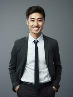 Smiling young man of Asian descent dressed in suit on gray background AI Generative photo