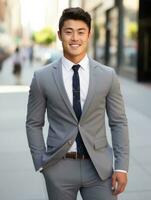 Smiling young man of Asian descent dressed in suit on gray background AI Generative photo
