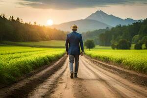 a man in a suit and hat walks down a dirt road in a field. AI-Generated photo