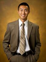 Smiling young man of Asian descent dressed in suit on gray background AI Generative photo