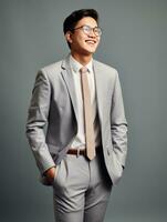 Smiling young man of Asian descent dressed in suit on gray background AI Generative photo