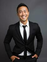 Smiling young man of Asian descent dressed in suit on gray background AI Generative photo