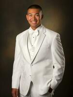 Smiling young man of Asian descent dressed in suit on gray background AI Generative photo