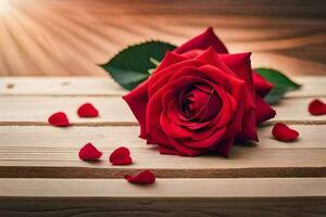 a single red rose on a wooden table with petals scattered. AI-Generated photo