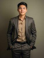 Smiling young man of Asian descent dressed in suit on gray background AI Generative photo