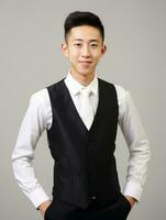 Smiling young man of Asian descent dressed in suit on gray background AI Generative photo