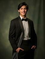 Smiling young man of Asian descent dressed in suit on gray background AI Generative photo