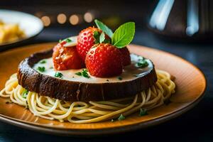a plate with spaghetti and strawberries on it. AI-Generated photo