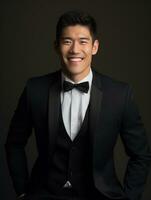 Smiling young man of Asian descent dressed in suit on gray background AI Generative photo