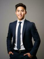 Smiling young man of Asian descent dressed in suit on gray background AI Generative photo