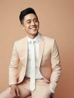 Smiling young man of Asian descent dressed in suit on gray background AI Generative photo
