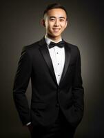 Smiling young man of Asian descent dressed in suit on gray background AI Generative photo