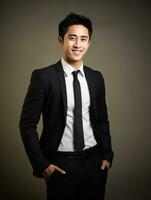 Smiling young man of Asian descent dressed in suit on gray background AI Generative photo