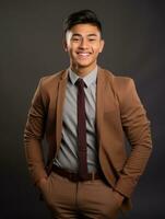 Smiling young man of Asian descent dressed in suit on gray background AI Generative photo