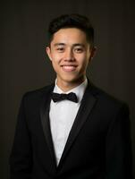 Smiling young man of Asian descent dressed in suit on gray background AI Generative photo