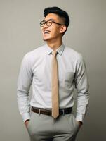 Smiling young man of Asian descent dressed in suit on gray background AI Generative photo