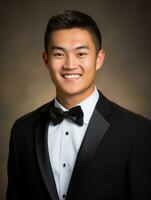 Smiling young man of Asian descent dressed in suit on gray background AI Generative photo