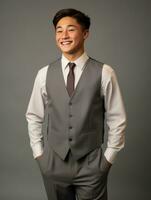 Smiling young man of Asian descent dressed in suit on gray background AI Generative photo