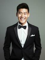 Smiling young man of Asian descent dressed in suit on gray background AI Generative photo