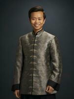 Smiling young man of Asian descent dressed in suit on gray background AI Generative photo