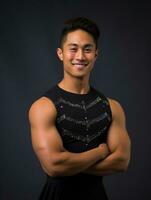 Smiling young man of Asian descent dressed in suit on gray background AI Generative photo