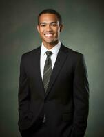 Smiling young man of Asian descent dressed in suit on gray background AI Generative photo