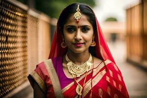 a beautiful indian woman wearing a red sari and gold jewelry. AI-Generated photo