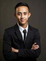 Smiling young man of Asian descent dressed in suit on gray background AI Generative photo