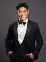 Smiling young man of Asian descent dressed in suit on gray background AI Generative photo