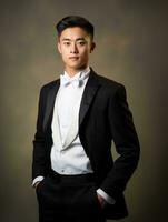 Smiling young man of Asian descent dressed in suit on gray background AI Generative photo