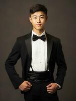 Smiling young man of Asian descent dressed in suit on gray background AI Generative photo