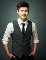 Smiling young man of Asian descent dressed in suit on gray background AI Generative photo