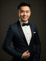 Smiling young man of Asian descent dressed in suit on gray background AI Generative photo