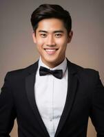 Smiling young man of Asian descent dressed in suit on gray background AI Generative photo