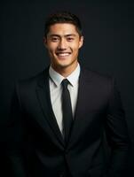 Smiling young man of Asian descent dressed in suit on gray background AI Generative photo