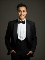 Smiling young man of Asian descent dressed in suit on gray background AI Generative photo