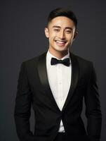 Smiling young man of Asian descent dressed in suit on gray background AI Generative photo