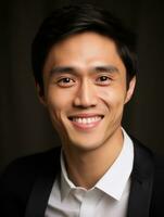 Smiling young man of Asian descent dressed in suit on gray background AI Generative photo