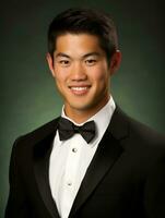 Smiling young man of Asian descent dressed in suit on gray background AI Generative photo