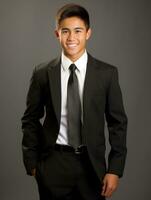 Smiling young man of Asian descent dressed in suit on gray background AI Generative photo