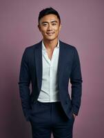 Smiling young man of Asian descent dressed in suit on gray background AI Generative photo