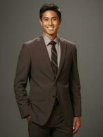 Smiling young man of Asian descent dressed in suit on gray background AI Generative photo