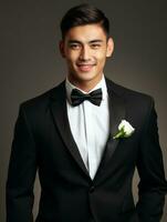 Smiling young man of Asian descent dressed in suit on gray background AI Generative photo