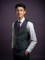 Smiling young man of Asian descent dressed in suit on gray background AI Generative photo