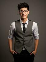 Smiling young man of Asian descent dressed in suit on gray background AI Generative photo